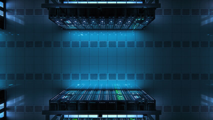 Modern Data Technology Center Server Racks Working in Dark Facility. Concept of Internet of Things,...