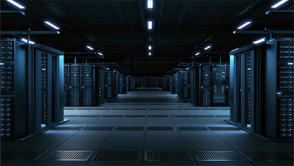 Data Technology Center Server Racks Working in Well-Lighted Facility. Concept of Internet of...