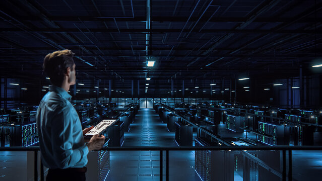 IT Specialist Uses Tablet Computer in Data Center Room. Server Farm Cloud Computing Facility with Maintenance Administrator Working. Cyber Security Engineer Working in Network Protection.