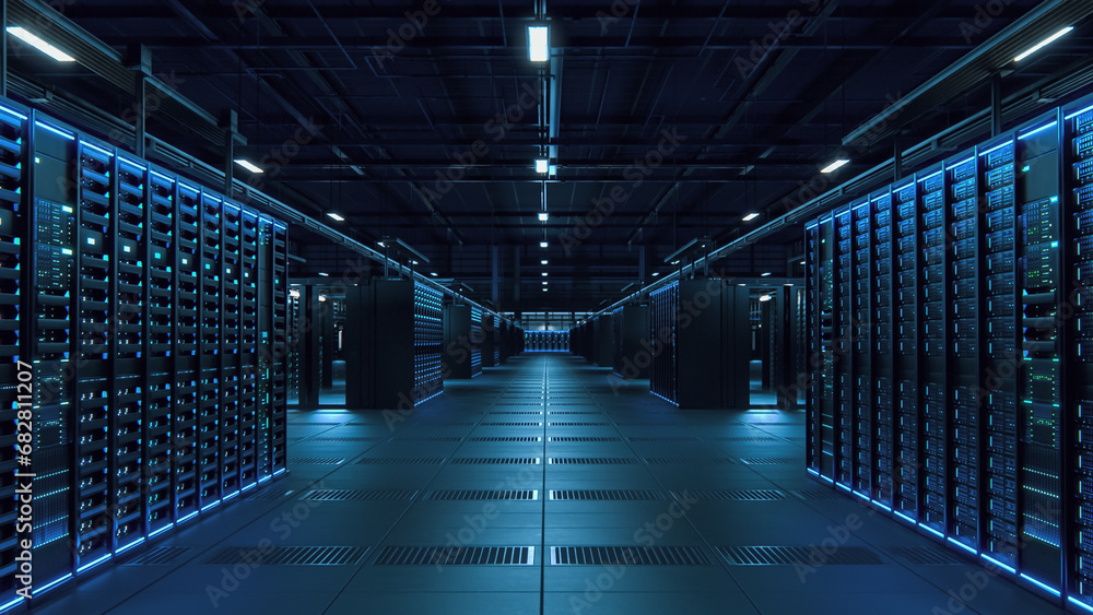 Leinwandbilder Modern Data Technology Center Server Racks Working in Dark Facility. Concept of Internet of Things, Big Data Protection, Storage, Cryptocurrency Farm, Cloud Computing. 3D Render of Mining Facility.