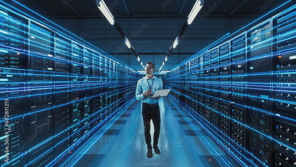 Poster futuristic 3d concept: big data center chief technology officer using laptop standing in warehouse, 