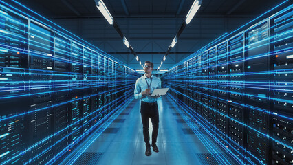 Futuristic 3D Concept: Big Data Center Chief Technology Officer Using Laptop Standing In Warehouse,...