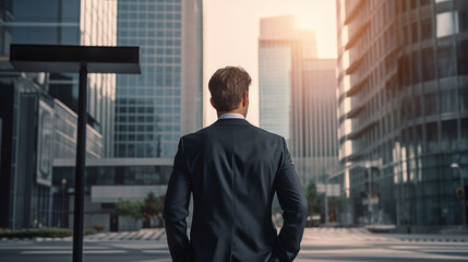 Fototapeta premium Businessman in the city, facing modern buildings