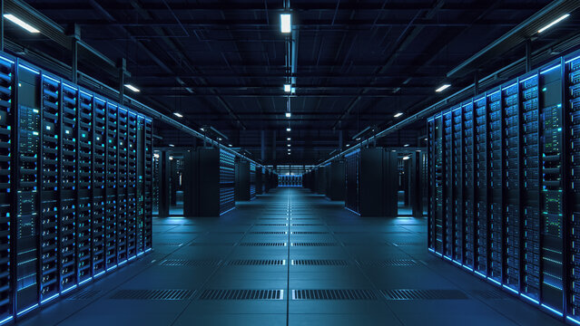 Modern Data Technology Center Server Racks Working in Dark Facility. Concept of Internet of Things, Big Data Protection, Storage, Cryptocurrency Farm, Cloud Computing. 3D Render of Mining Facility.