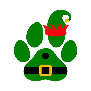 Tiempo de Navidad. Logo pet friendly. Silueta de zarpa de perro o gato con traje y sombrero de elfo de Santa Claus para su uso en tarjetas y felicitaciones