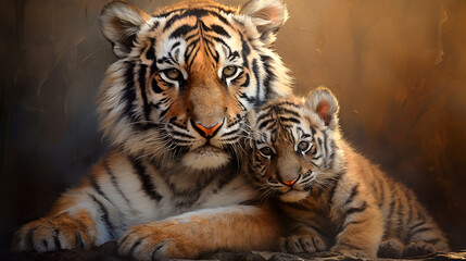 Emoção felina capturando o terno abraço de dois tigres  - obrazy, fototapety, plakaty