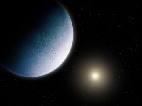 Sunrise over the surface of a stone planet. Close-up of an extrasolar planet. Terrestrial exoplanet in space.