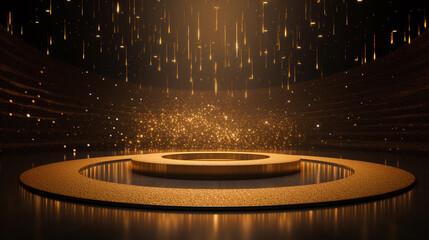 Golden podium illuminated with spotlight and gold glitter illustration - obrazy, fototapety, plakaty