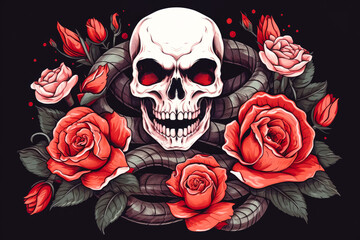 Skull and roses and snake isolated on transparent background. Illustration of a skull with roses on black background. Background or banner photo.