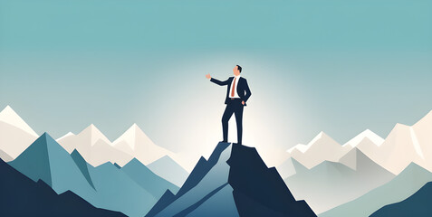 Smart businessman professional for success invest business standing on top of mountain