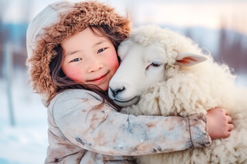 Young mongolian girl with sheep. Happy young mongolian girl portrait hugging a sheep in the winter background. Happy asian girl.