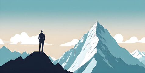 Smart businessman professional for success invest business standing on top of mountain