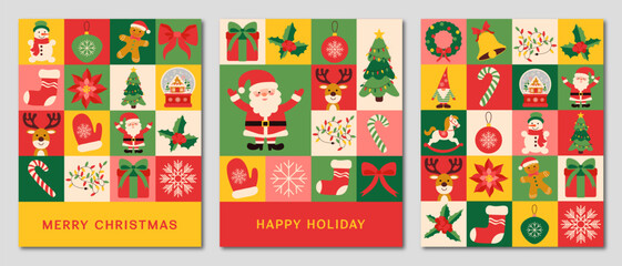 Fototapeta premium Merry Christmas and Happy New Year. Geometric Christmas pattern. Set of vector illustration for postcards, poster, packaging.