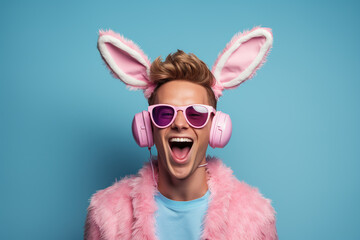 happy young man wearing pink easter bunny ears and sunglasses on blue background - obrazy, fototapety, plakaty