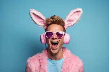 Fotobehang happy young man wearing pink easter bunny ears and sunglasses on blue background © Boraryn