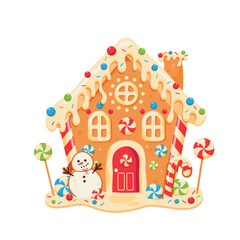 Cookie christmas house card, Gingerbread house. Baked  Gingerbread christmas candy cookies decorative food for winter celebration time vector stylized funny house. Cute vector illustration isolated 