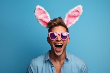 happy young man wearing pink easter bunny ears and sunglasses on blue background - obrazy, fototapety, plakaty