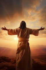 Jesus Christ with his arms open to humanity - Salvation and resurrection concept - Vibrant Sunset Sky - Vast landscape 