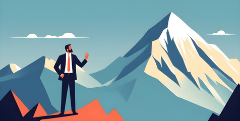 Smart businessman professional for success invest business standing on top of mountain