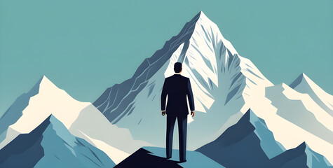 Smart businessman professional for success invest business standing on top of mountain