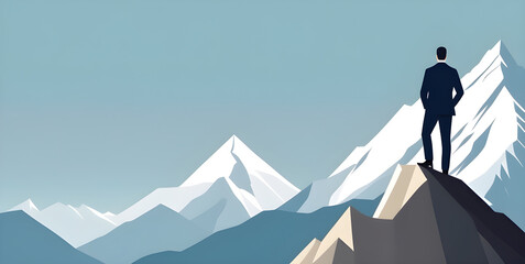 Smart businessman professional for success invest business standing on top of mountain