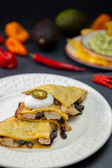 quesadilla with chicken meat and beans and guacamole with nachos