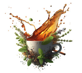 Tea Cup and Herbs, Tea Pot, Glas of Tea Splash Isolated