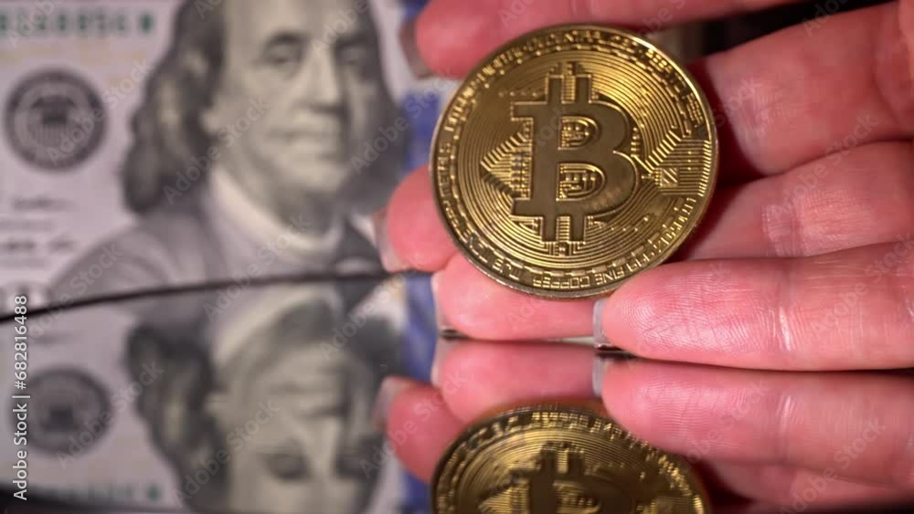 Poster bitcoin coin on a background of dollars. bitcoin coin, digital gold next to the hands of an expert t