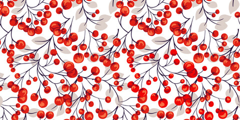 Seamless  Pattern with vector hand drawn branches red berries. Colorful, artistic, abstract print. Botanical illustration.  Template for design