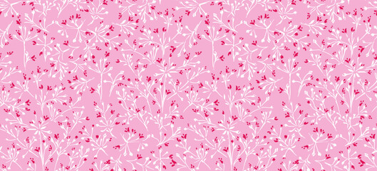 Seamless abstract, simple, tiny  flowers pattern. Vector hand drawn red shapes, spots, dots, white branches on a pink background. Template for fashion, fabric, design, textile