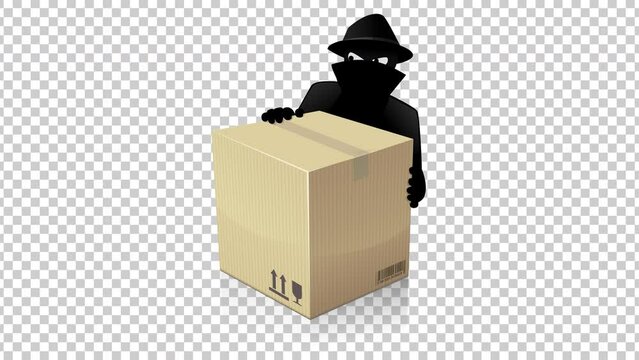 Animation loop of a cardboard box behind which a masked criminal dressed in black is on the lookout to steal the package with transparency and alpha channel