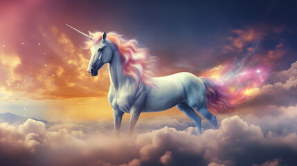 Magic unicorn in beautiful sky with rainbow and fluffy
