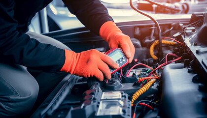An auto electrician understands the electrical wiring of a car under the hood. - obrazy, fototapety, plakaty