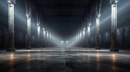 Empty large warehouse with lights and concrete floor - obrazy, fototapety, plakaty