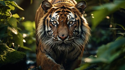 tiger in the rainforest looking at the camera, in natural conditions, World Wildlife Conservation Day, banner