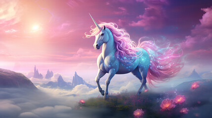 Magic unicorn in fantastic sky with fluffy clouds