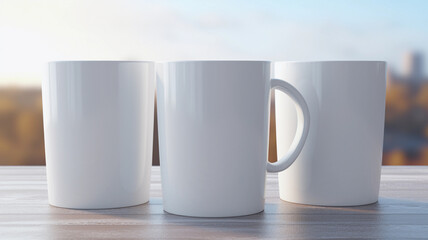 Three White Mugs Mockup Against the Background of Blurred Lights. Empty mug mock up for brand promotion.