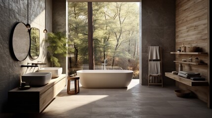 Interior of modern bathroom in luxury eco-style chalet. Stone-textured walls, freestanding bathtub, wood trim, indoor plants, large panoramic window with picturesque view. Contemporary interior design