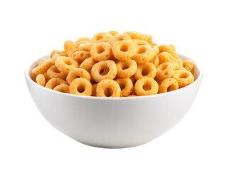 Bowl of Cheerios Cereal Corn Rings, isolated on a transparent or white background