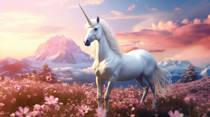 Obraz na płótnie Canvas Magic unicorn in fantastic world with fluffy clouds