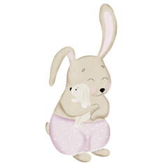 Watercolor illustration of bunnies mom and baby. Cute cartoon animal drawing in pastel colors for Mother's Day cards and nursery posters. room.