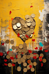 Background with coins and heart.