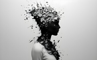 Mental Health Concept. Awareness Month in May. The silhouette of a troubled person losing parts of a head is a symbol of decreased mental function. Cognitive psychology, mental illness. Generative AI.