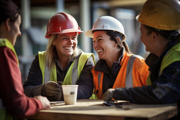 Cheerful female construction workers on a coffee break - obrazy, fototapety, plakaty