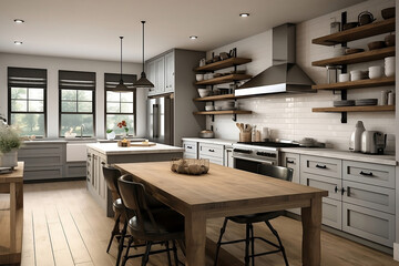 Fototapeta premium Modern Farmhouse Elegance: A Contemporary Kitchen Blend of Rustic Warmth and Clean Lines