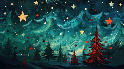 Hand drawn cartoon illustration of beautiful Christmas tree under the starry sky
