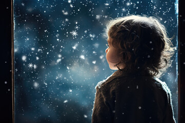 Winter Wonder: Child Gazing at Frosty Window