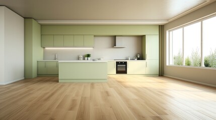 Fototapeta premium Interior of modern minimalist kitchen. White walls, hardwood floor, pistachio facades, built-in home appliances, indoor plants in pots, large windows. Mock up.