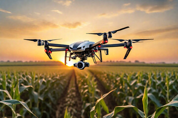 A drone flying over a cornfield at sunrise, smart tech used for monitoring the fields in agriculture, automation and innovation through artificial intelligence