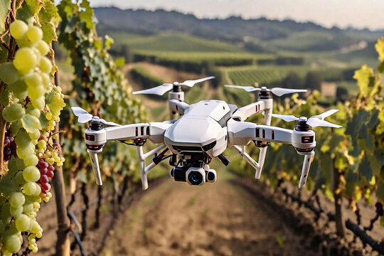 Drone quadcopter with digital camera flying over vineyards.